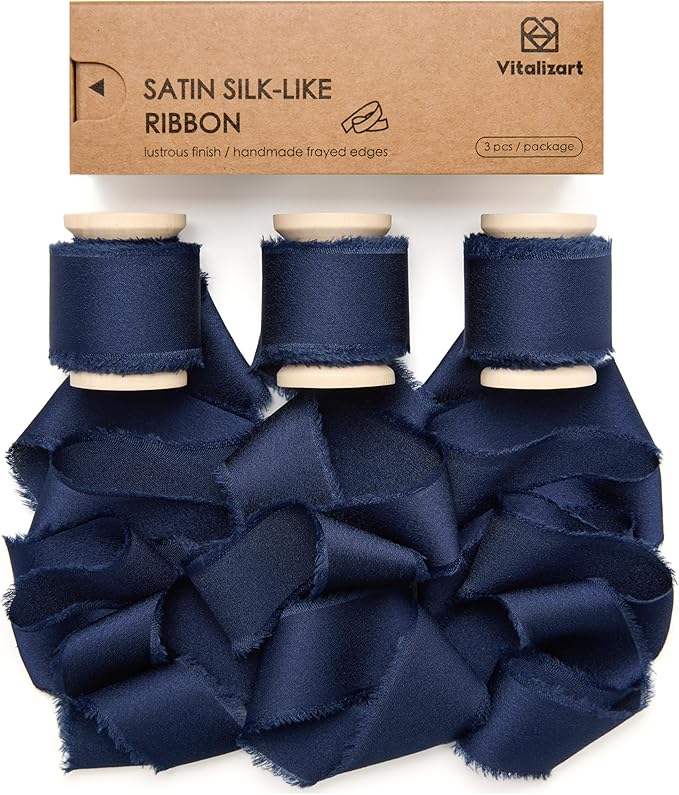 Vitalizart Silk Satin Ribbon 1 Inch x 15 Yard Wooden Spool Navy Blue Handmade Frayed Ribbon for Gift Wrapping Baby Shower Wedding Bridal Bouquets Holiday Decor 3 Rolls x 5 Yard