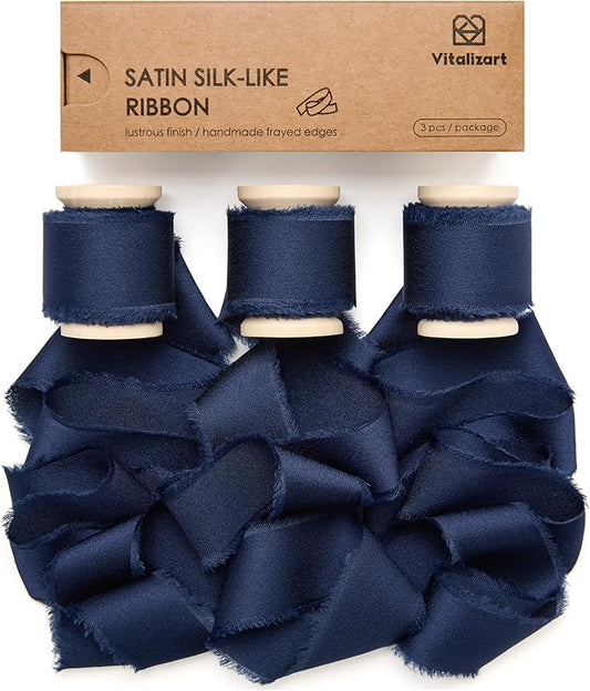 Vitalizart Silk Satin Ribbon 1 Inch x 15 Yard Wooden Spool Navy Blue Handmade Frayed Ribbon for Gift Wrapping Baby Shower Wedding Bridal Bouquets Holiday Decor 3 Rolls x 5 Yard