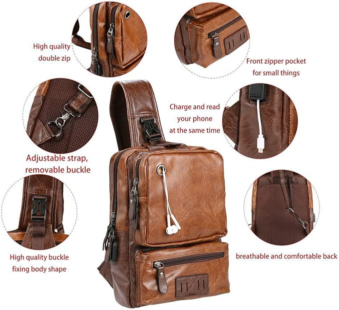 Men's Lightweight PU Leather Sling Bag - Breathable Crossbody Pack with USB Charging Port & 6 Pockets, Easy Access Organizer for Tablet/Gym Essentials - Commute, Travel, Work(Brown)