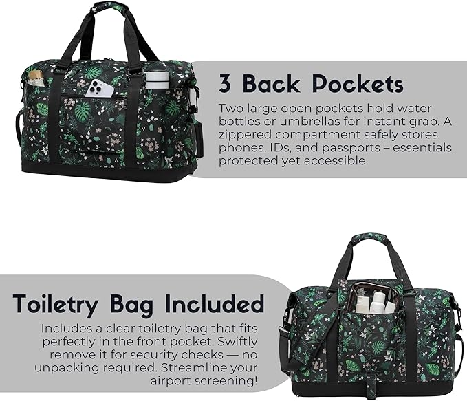 SUNNY BIRD Duffel with Utility Pouch, 40L Weekender Overnight Bag with Shoe Compartment for Travel and Sports (Floral & Foliage)