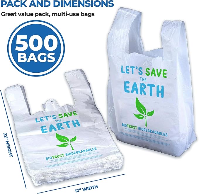 Biodegradable Thank You Bags | 500 Count - Bulk | Extra Thick, Strong, Recyclable, & Reusable | 100% Biodegradable Shopping Bags, Grocery/Restaurant/Supermarket | 12” x 6.5” x 22”