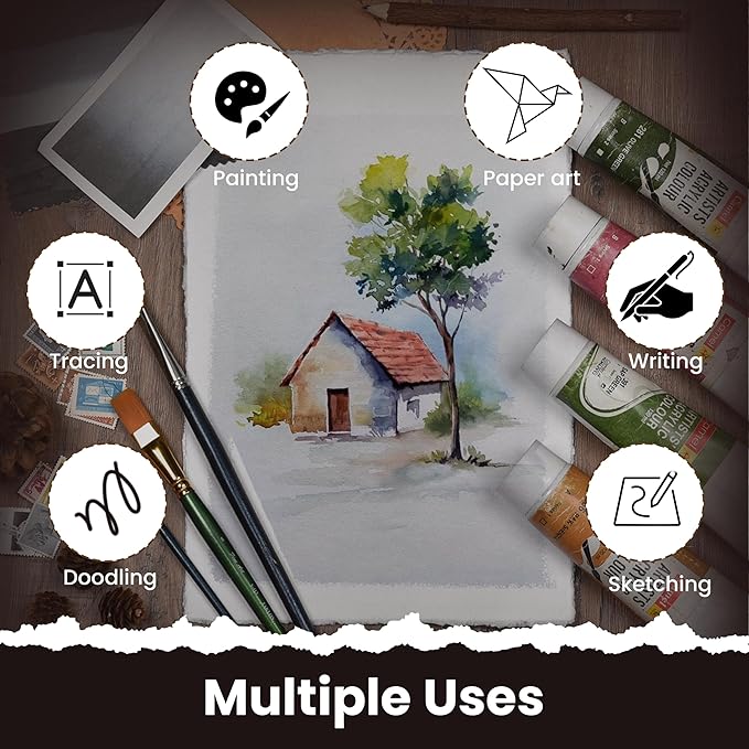 LEATHER VILLAGE Watercolor Paper - 6 X 4 inches, 50 Sheets - Mixed Media Watercolor Paper - 150 GSM Thick Deckle Edge Virgin Cotton Handmade Paper - Off White