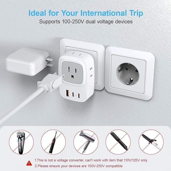 European Travel E F Plug Adapter, International Power Adapter with 4 AC Outlets 3 USB Charging Ports, Type C Outlet Adaptor Charger for US to EU Most of Europe EU Iceland Spain Italy France Germany