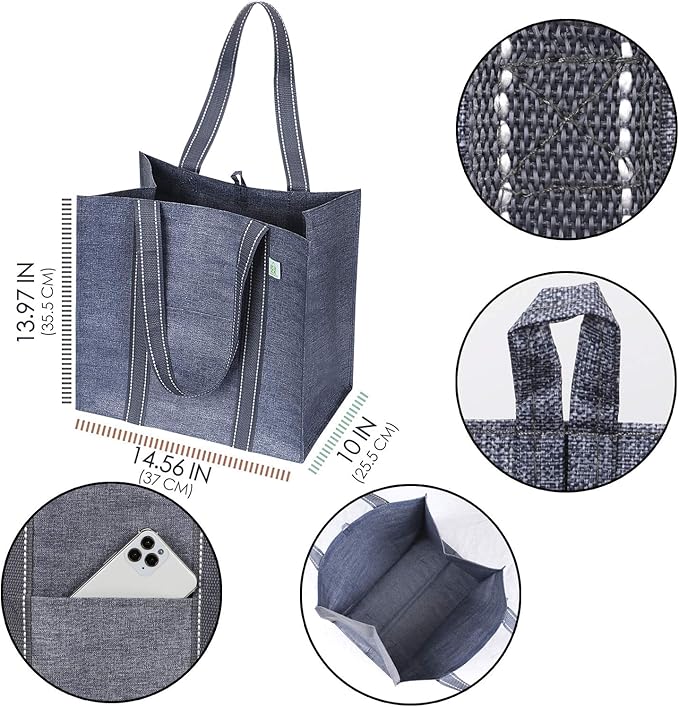 VENO 4 Pack Reusable Grocery Bags, Heavy-Duty Shopping Bags with Handles, Bags for Shopping Cart with Hard Bottom to Stand Upright, Foldable, Multi-Purpose(Gray, 4 Pack)