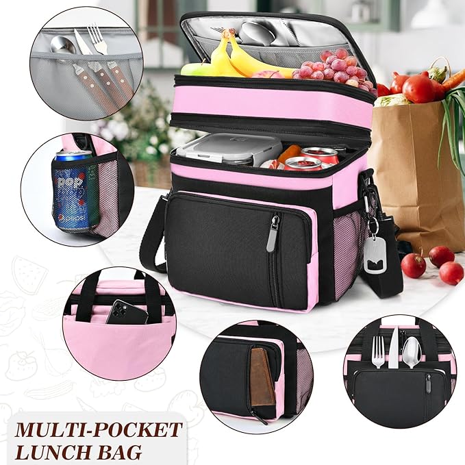LOKASS Lunch Bag & Lunch Box for Men Women - Double Deck Expandable Insulated Waterproof Leakproof Cooler Bag for Work/Picnic - Pink