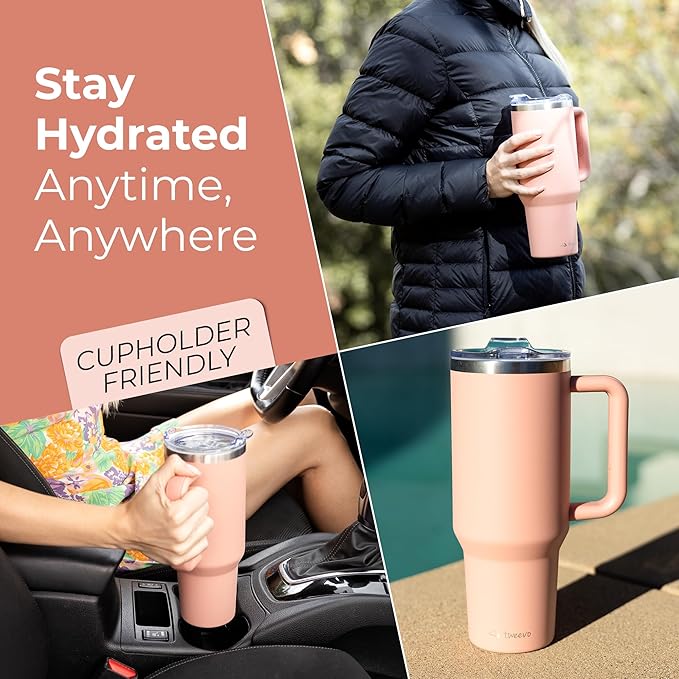 40 oz Tumbler With Handle and Straw Made of Stainless Steel - Double Wall Vacuum Insulated Tumbler With Lid - Sweat Proof Easy Grip, BPA-Free, Dishwasher Safe Tumbler (Peach)