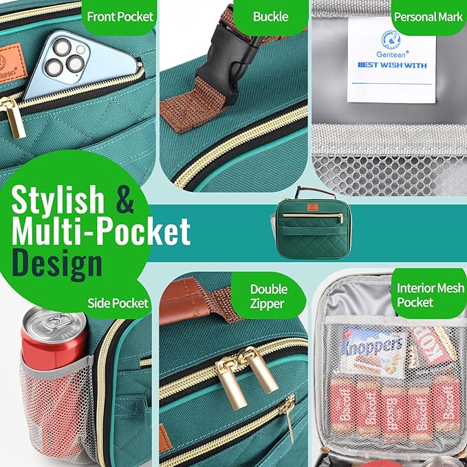 Genteen Lunch Box Lunch bag for Kids Boys Men Women Adults - Insulated Small LunchBox Reusable, Zip Closure & Buckle Handle, Portable Cooler for Work, School, Travel (Lake Green)