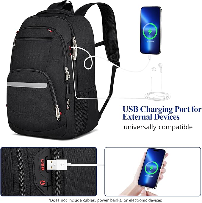 Laptop Backpack for Men & Women - Anti Theft Water Resistant Travel & College Backpack Fits 17 Inch Laptop & Notebook - 35L Black