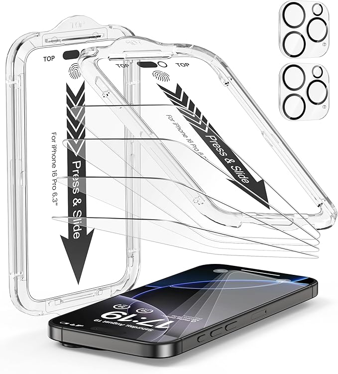 EZ-GLAZ- 4 Pack for iPhone 16 Pro Screen Protector [6.3"] With 2 Pack Camera Lens Protector, 9H+ Hardness 12FT Military Grade Shatterproof Scratch Resistant Durable Tempered Glass Film with Flawless Fit Kit, HD Clear