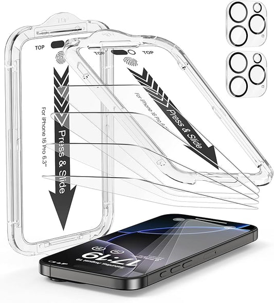 EZ-GLAZ- 4 Pack for iPhone 16 Pro Screen Protector [6.3"] With 2 Pack Camera Lens Protector, 9H+ Hardness 12FT Military Grade Shatterproof Scratch Resistant Durable Tempered Glass Film with Flawless Fit Kit, HD Clear