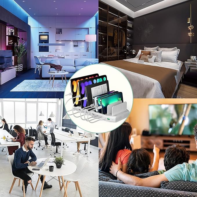 Multiple Device USB Charging Station, 10 Ports Charging Station for Multiple Devices, USB Charging Dock with Adjustable Dividers Compatible with Tablets, Smartphones-60W