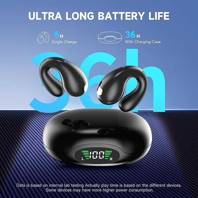 Open Ear Earbuds Wireless Bluetooth 5.3 Flexible Clip On Open Ear Earbuds with 36H Playtime LED Display Bone Conduction IPX7 Lightweight Fit for Every Ear, Sport, Workout