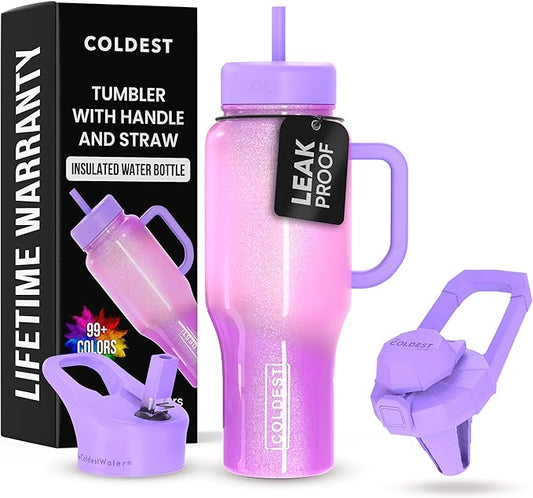 Coldest Tumbler with Handle and Straw, 100% Leak Proof Insulated Tumbler with Lid and Straw (3 Lids), Stainless Steel Tumblers for Women & Men, Cup Holder Friendly, 36 oz (Popsicle Dream)