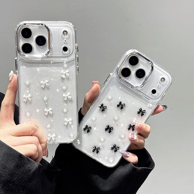 EYZUTAK Case for iPhone 17 Pro Max, Bling Glitter 3D Bowknot Phone Case Cute Sparkly Crystal Clear Bow Aesthetic Cover Slim Soft Durable TPU Transparent Protective Cover for Women Girls - White Bow