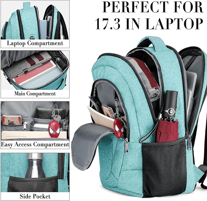 BIKROD Teal Backpack for Women and Men, Extra Large School Backpacks for Teens, Water Resistant Back Pack with USB Charging Port Fits 17 Inch Laptop, Business Anti Theft Durable Computer Bag Gifts