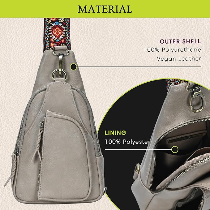 Antik Kraft Tasha Webbing Strap Sling (Taupe) | Vegan Leather Crossbody Bag for Women with 16-20" Strap | Sling Bags for Women with Durable Antique Brass Hardware | 7in x 2.5in x 12.5in |