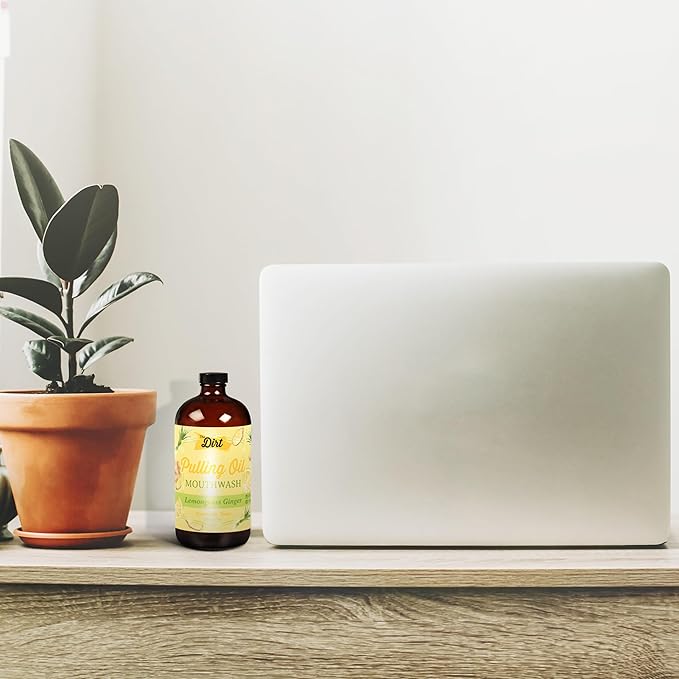 THE DIRT Oil Pulling Mouthwash - Gluten Free - Removes Plaque, Tartar, Bad Breath & Whitens Teeth (Lemongrass & Ginger, 8 Ounce)