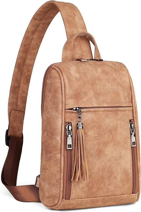FADEON Sling Bag for Women, Crossbody Purse with Tassels, Designer Leather Shoulder Chest Bags for Travel