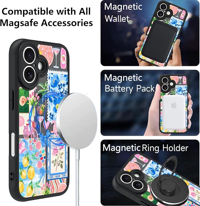 KANGHAR Case for iPhone 16 [Compatible with Magsafe] Cute Flower Floral Fruit Bows Turtle Collage Summer Pattern Protective Magnetic Case for Girls Women 6.1"