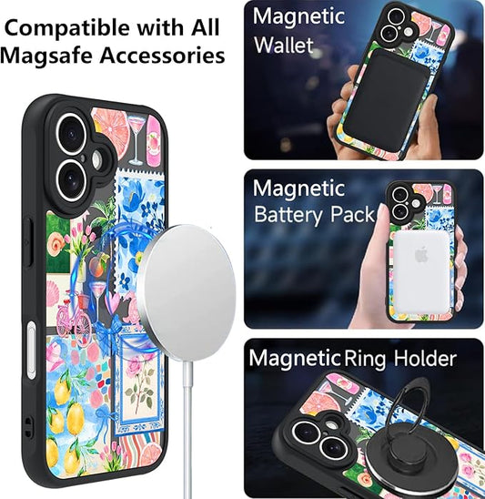 KANGHAR Case for iPhone 16 [Compatible with Magsafe] Cute Flower Floral Fruit Bows Turtle Collage Summer Pattern Protective Magnetic Case for Girls Women 6.1"