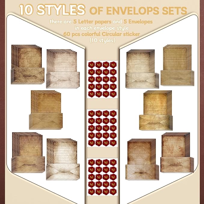 TaoBary 160 Pcs Stationery Paper Set 50 Double Sided Stationery Papers with 50 Matching Envelopes and 60 Round Dot Sticker, 10 Design(Vintage,8.5 x 11 Inch)