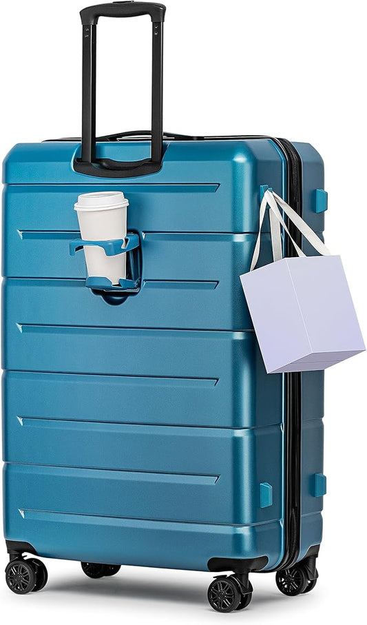 KYME Suitcases with Wheels Hardshell 30 Inch Luggage TSA Approved Large Checked Luggage Durable Travel Rolling Suitcase with Cup Holder for Women Men Light Blue