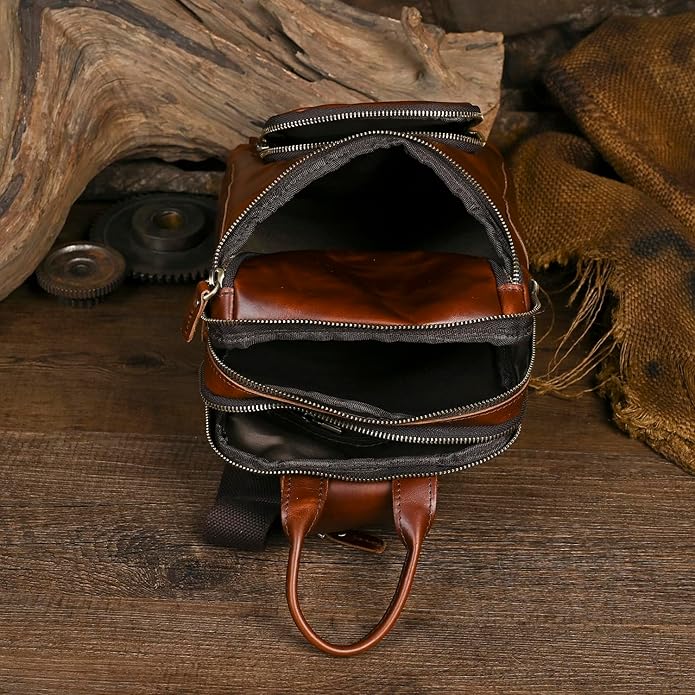 Thick Crazy horse Leather Triangle Crossbody Sling Chest Bag Travel One Shoulder Bag Daypack For Men Male 3028