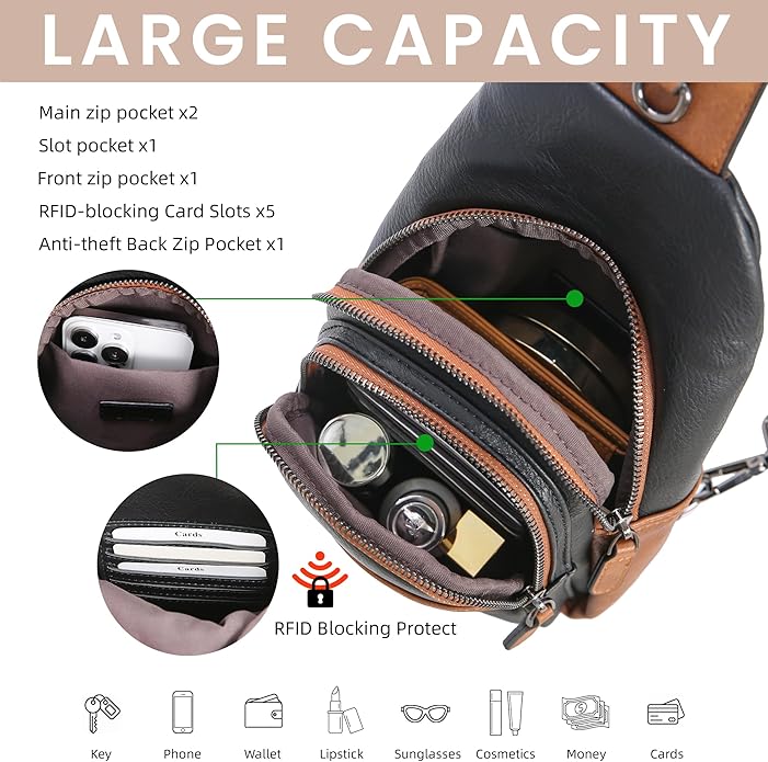 HESHE Sling Bag for Women Anti Theft Small Crossbody Bags Faux Leather Fanny Pack RFID Blocking Cross Body Purse for Travel