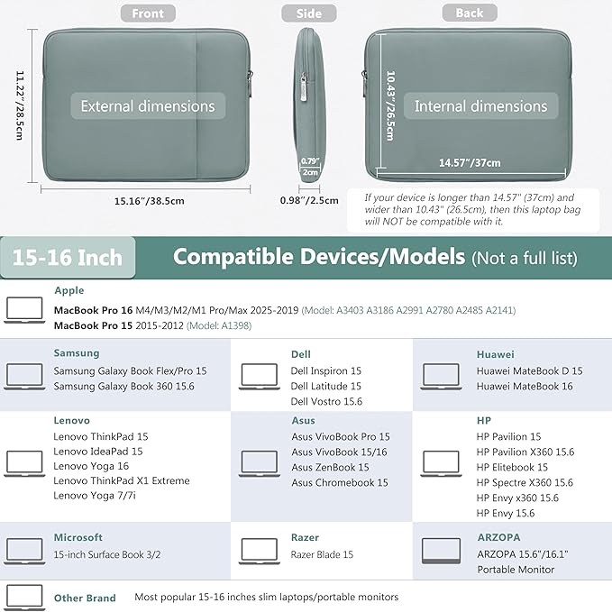 HYZUO 15-16 Inch Laptop Sleeve Bag Set for MacBook Pro 16 M4/M3/M2/M1 Pro/Max, 15" Surface Book, Notebook Case for 15" 15.6" HP Dell Lenovo ThinkBook Asus Acer Samsung Huawei, Ash Blue