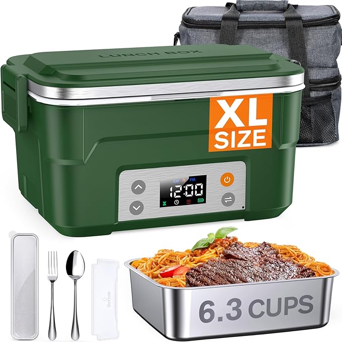 EAST OAK XL 6.3-Cup Cordless Electric Lunch Box for Adults, Heated Lunch Box for Men with Scheduled Heating, Portable Car Food Warmer with Utensils, Two-Tier Bag, Removable Divider