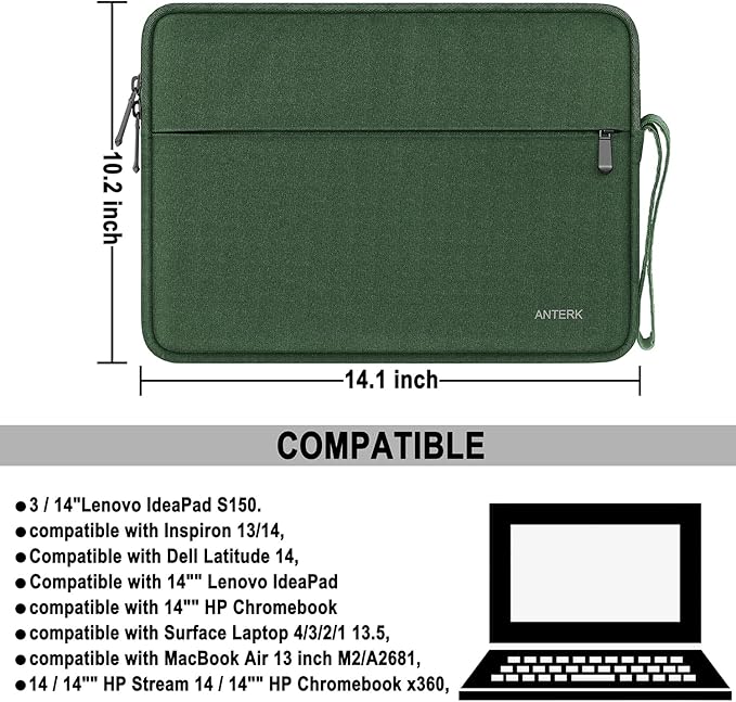 Laptop Case Bag 14 Inch, Water Resistant Traveling Computer Cover with Handle, Shockproof Protective Carrying Laptop Sleeve Compatible for 14 Inch MacBook Air/Pro, HP, Dell, Lenovo, Green