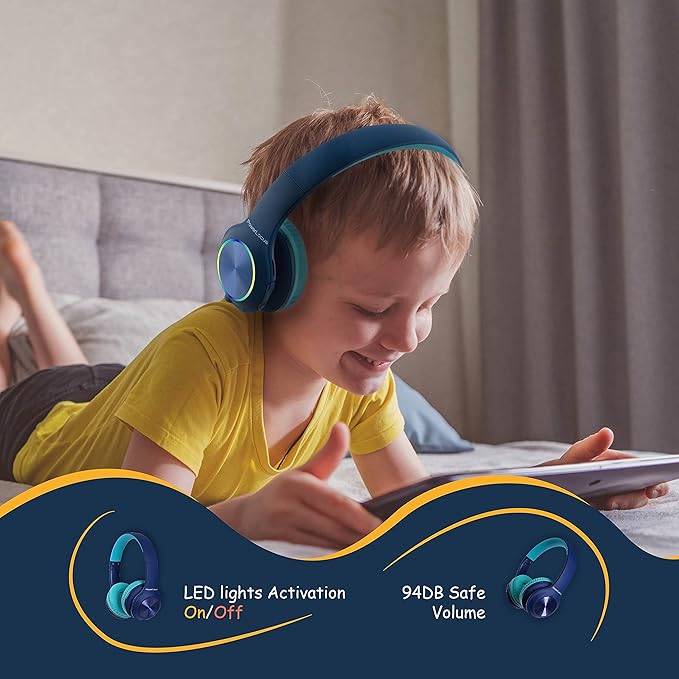 PowerLocus PLED Kids Bluetooth Headphones, Kids Wireless Headphones with LED Lights, 74/85/94dB Safe Volume, Micro SD, AUX Cable, Hi-Fi Stereo, Built-in Mic Over Ear Kid Headphone for Travel/Tablet/PC