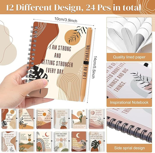 Kosiz 48 Pcs/24 Set Positive Affirmation Gifts Gratitude Spiral Notebooks with Pens Motivational Encouragement Notepads Daily Affirmations Journal for Women (Boho)