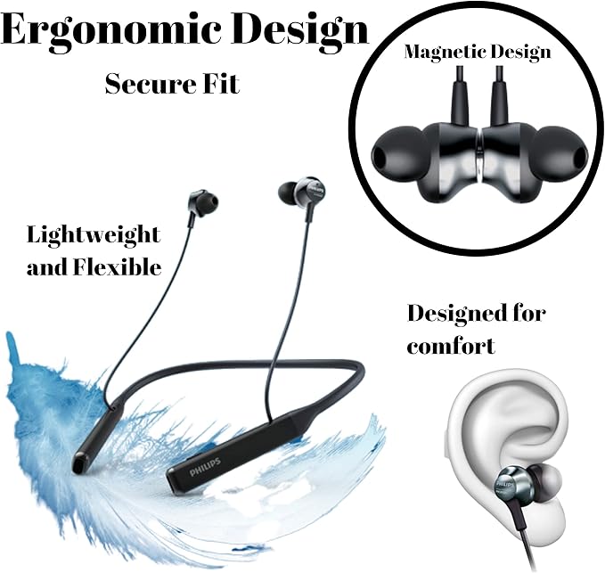 Philips Bluetooth Neckband Headphones, Wireless Earbuds IPX5 Waterproof Sport Earphones, Lightweight, Deep Bass with Vibration Call Alert Neckband