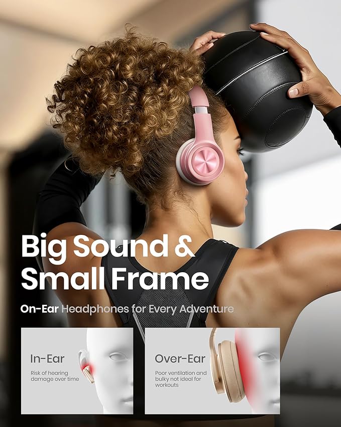 Picun Solo6 Wireless Bluetooth Headphones, 5EQ Music Mode, On-Ear Headphone with Built-in Microphone, Foldable Headset with 140H Battery Life, App Control for Girls, Home, School, Travel (Rose Gold)