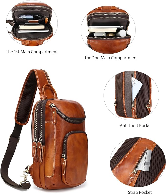 LANNSYNE Vintage Full Grain Leather Sling Bag Crossbody Chest Daypack