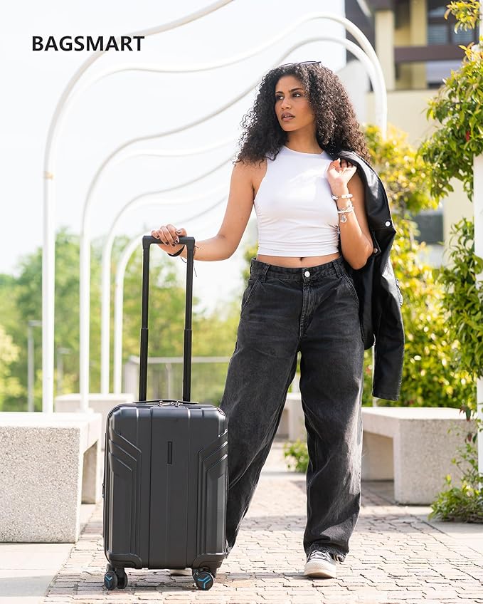 BAGSMART Expandable Carry On Luggage 22x14x9 Airline Approved, 1OO% PC Lightweight Hard Shell Suitcase, 20 Inch Travel Luggage with Spinner Wheels, Waterproof Rolling Suitcase, Black