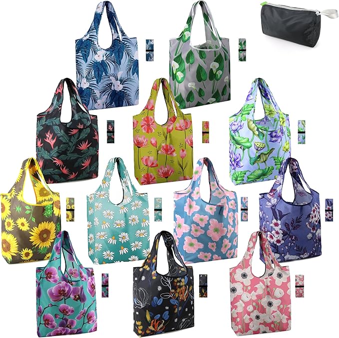 BeeGreen 12 Packs Flower Reusable Grocery Bags Reusable Tote Bags Extra Large 50LBS Cute Floral Design Foldable Reusable Bags for Women Men Lightweight Durable