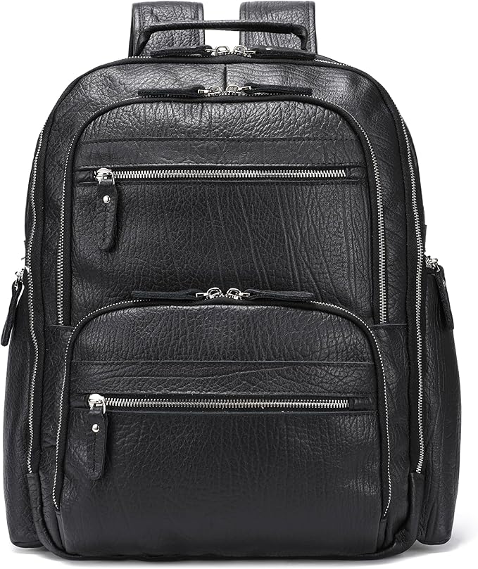 LANNSYNE Men Vinatge Full Grain Leather Backpack Fits 17.3" Laptop, Travel Overnight Daypacks - Black