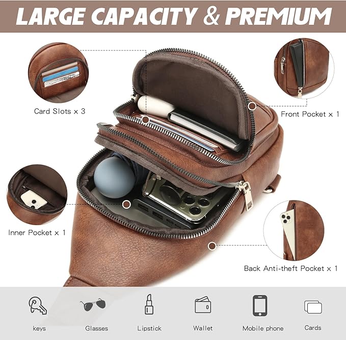 Sling Bag Crossbody Backpack - 2 in 1 Leather Cross Body Bag Fanny Pack with 2 Removable Straps