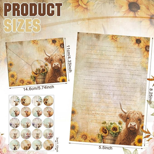 TaoBary 160 Pcs Stationery Paper Set 50 Double Sided Stationery Papers with 50 Matching Envelopes and 60 Round Dot Sticker, 10 Design(Floral Highland Cow,5.5 x 8.25 Inch)