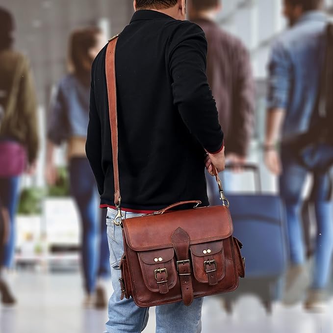 cuero Leather Messenger Bag for Men & Women, 12 Inch Laptop Crossbody, Vintage Handmade Leather Unisex Shoulder Satchel Bag, Full Grain Business Briefcase for iPad/Office/Work/Travel - Brown