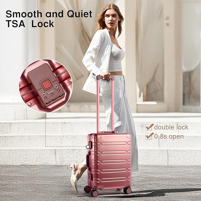 All Aluminum Carry On Luggage 22x14x9 Airline Approved，Zipperless Luggage Premium Aluminum Suitcase Luggage, Hard Shell Carry On Luggage with Spinner Wheels (rose gold, 20inch)