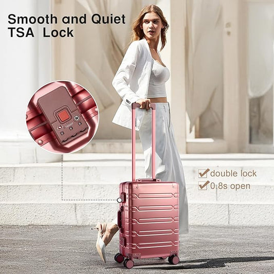 All Aluminum Carry On Luggage 22x14x9 Airline Approved，Zipperless Luggage Premium Aluminum Suitcase Luggage, Hard Shell Carry On Luggage with Spinner Wheels (rose gold, 20inch)