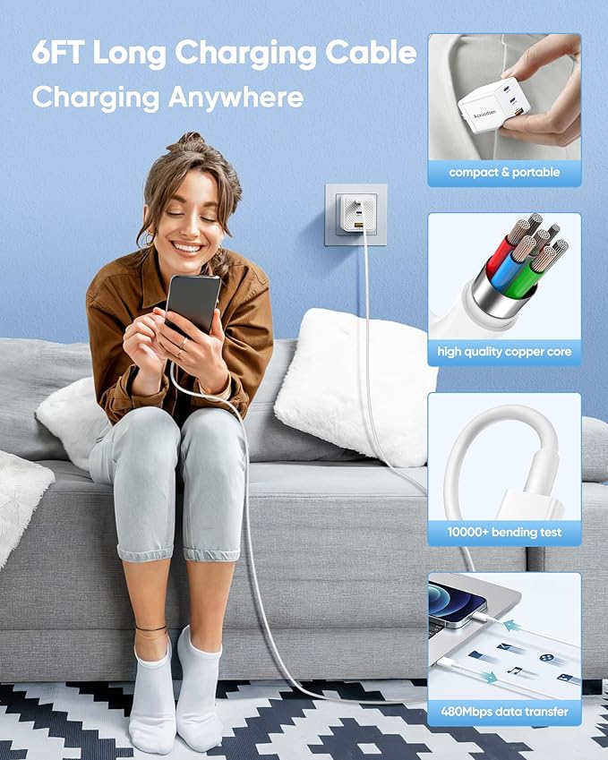 USB C Charger Block 2 Pack, 3 Port Gan Fast Charger with 4 Pack 6FT Charging Cables, PPS PD QC3.0 Compact Foldable Fast Charging Blocks for MacBook, iPhone, Samsung, Galaxy, iPad, Android, White