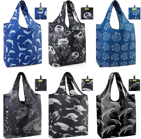 BeeGreen Animal Lover Reusable Grocery Bags | Foldable Tote Bags with Handles, Reusable Gift Bulk 6 Set for Women, Heavy Duty Washable Polyester Travel & Shopping Basket