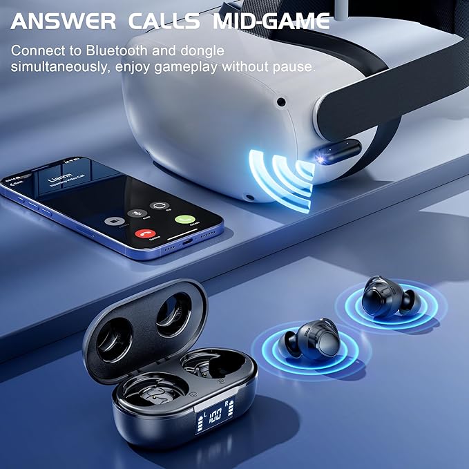IAMJOY Wireless Gaming Earbuds, 20ms Low Latency, Game Earbuds with Mic, 2.4GHz & Bluetooth, Compact LED Display Wireless Earbuds Compatible with Meta Quest 3/2, PS5/4, Steam Deck, VR, Switch, PC