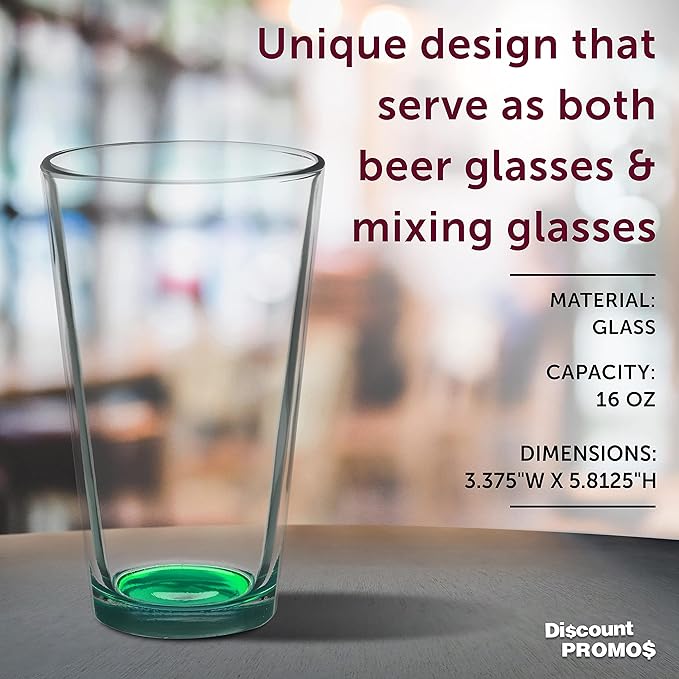 DISCOUNT PROMOS Arc Pint Glass 16 oz. Set of 10, Bulk Pack - Beer Glasses, Heavy Duty Drinkware - Green