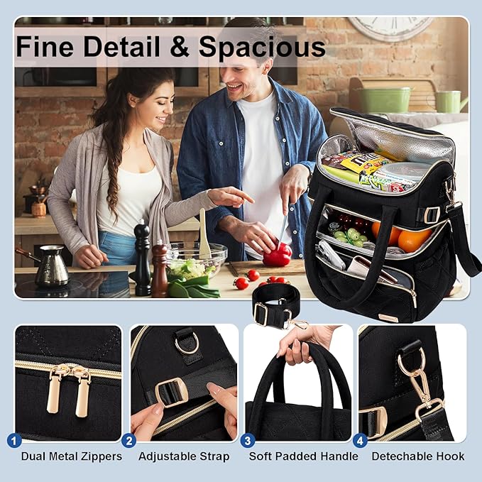 Weitars Lunch Bag for Women Men,Double Deck Lunch Box for Women,Quilted Lunch Tote for Work,Insulated Lunch Cooler Leakproof Lunchbox for Adult with Shoulder Strap &Pockets for Picnic Hiking (Black)