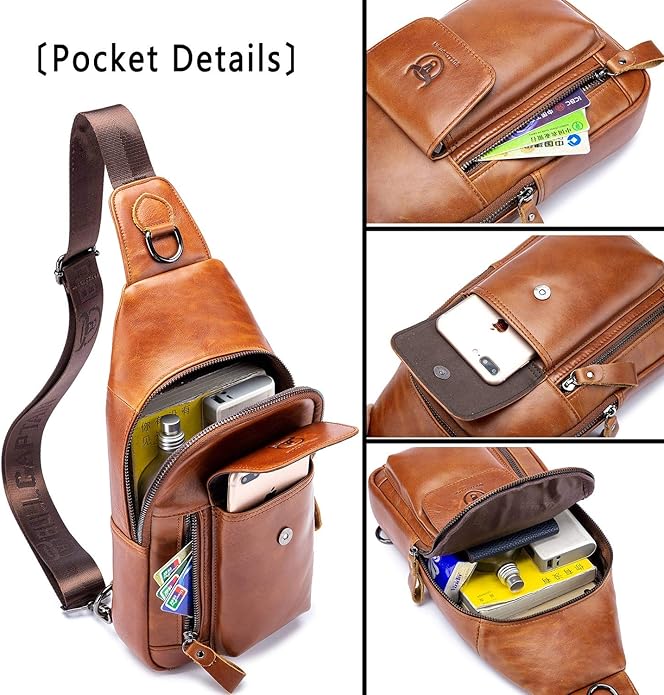 BULLCAPTAIN Mens Leather Crossbody Bag Shoulder Sling Bag Casual Daypacks Chest Bags for Travel Hiking Backpacks